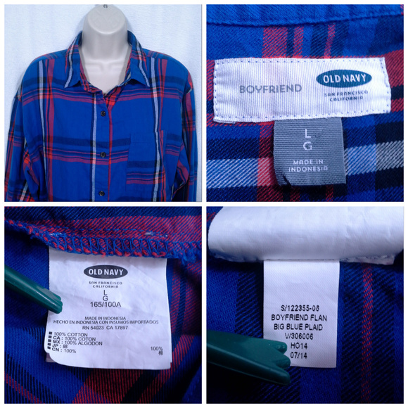 Old Navy Boyfriend shirt Size L Blue Red Plaid Cotton twill Front button - Picture 3 of 7